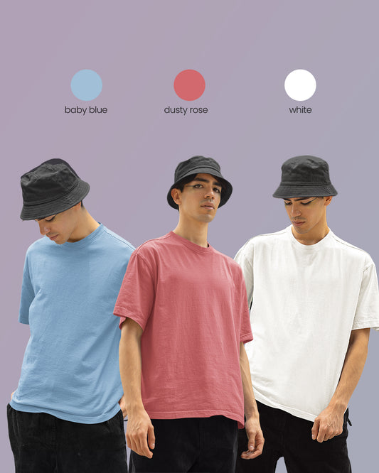 PACK OF 3 SOLID OVERSIZED T-SHIRTS: BABY BLUE, DUSTY ROSE, WHITE