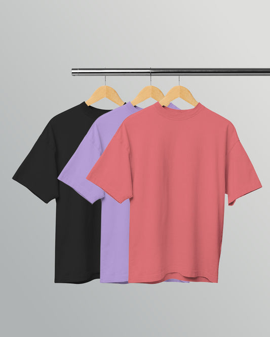 PACK OF 3 SOLID OVERSIZED T-SHIRTS: BLACK, LAVENDER, DUSTY ROSE
