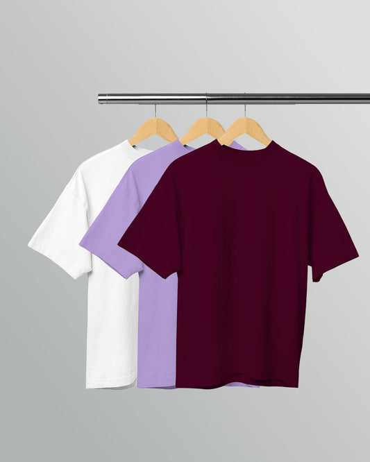 PACK OF 3 SOLID OVERSIZED T-SHIRTS: WHITE, LAVENDER, BURGUNDY