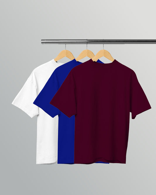 PACK OF 3 SOLID OVERSIZED T-SHIRTS: WHITE, ROYAL BLUE, BURGUNDY