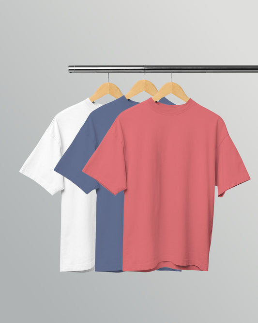 PACK OF 3 SOLID OVERSIZED T-SHIRTS: WHITE, STEEL GREY, DUSTY ROSE