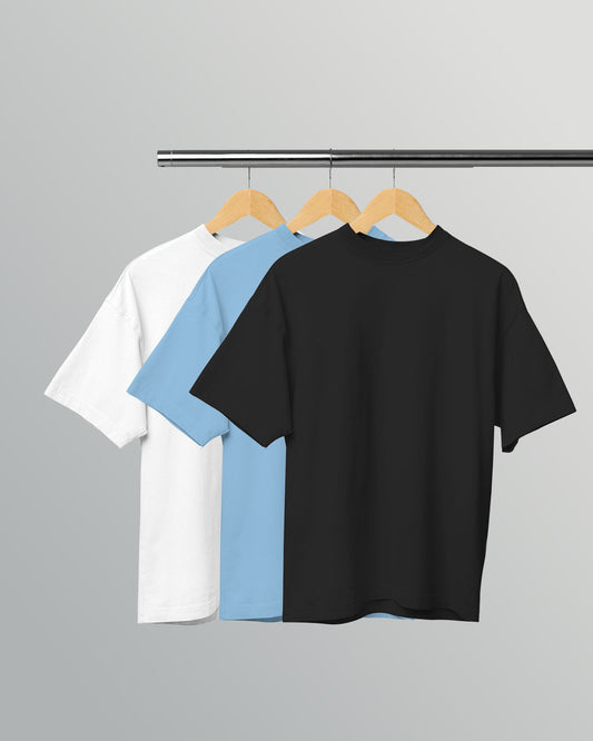 PACK OF 3 SOLID OVERSIZED T-SHIRTS: WHITE, BABY BLUE, BLACK