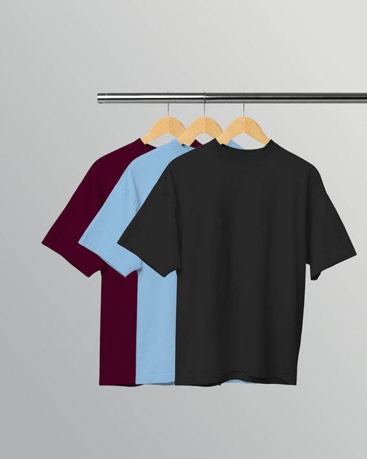 PACK OF 3 SOLID OVERSIZED T-SHIRTS: BURGUNDY, BABY BLUE, BLACK