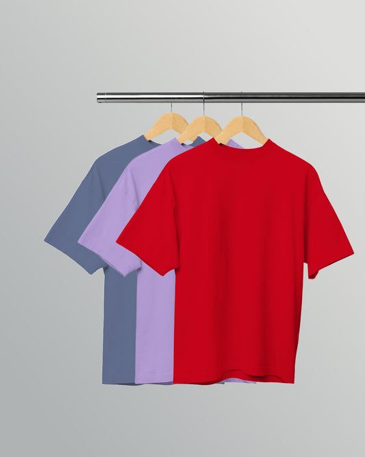 PACK OF 3 SOLID OVERSIZED T-SHIRTS: STEEL GREY, LAVENDER, RED