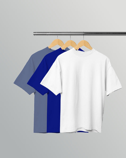 PACK OF 3 SOLID OVERSIZED T-SHIRTS: STEEL GREY, ROYAL BLUE, WHITE