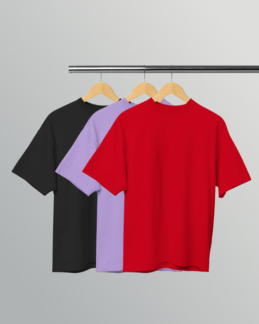 PACK OF 3 SOLID OVERSIZED T-SHIRTS: BLACK, LAVENDER, RED
