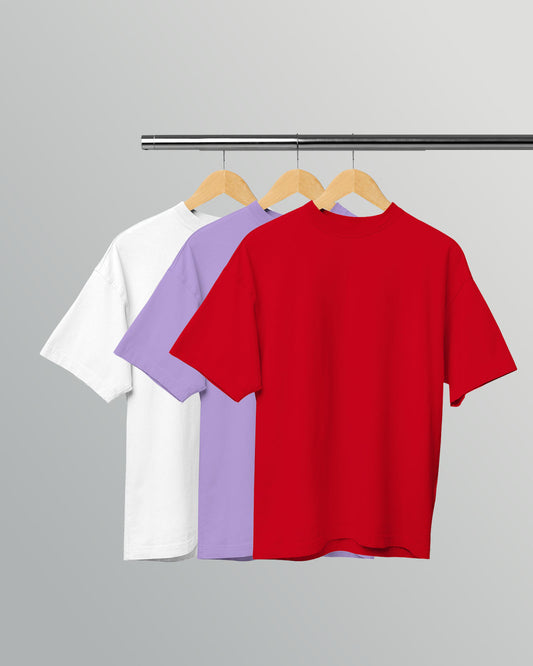 PACK OF 3 SOLID OVERSIZED T-SHIRTS: WHITE, LAVENDER, RED