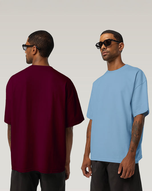 PACK OF 2 SOLID OVERSIZED T-SHIRTS: BURGUNDY, BABY BLUE