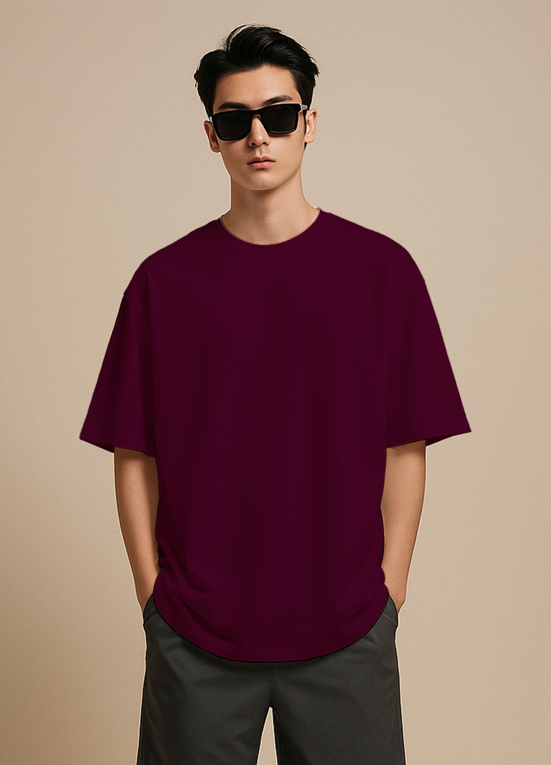 SOLID PLAIN: BURGUNDY OVERSIZED T-SHIRT FOR MEN