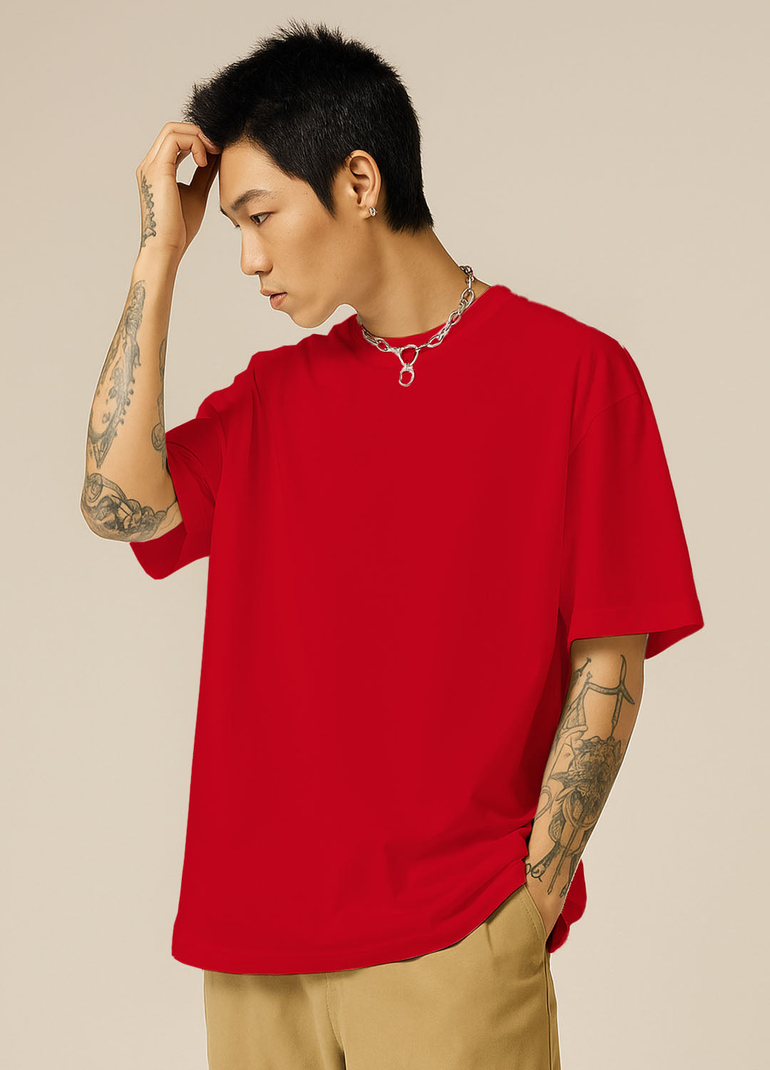 SOLID PLAIN: RED OVERSIZED T-SHIRT FOR MEN