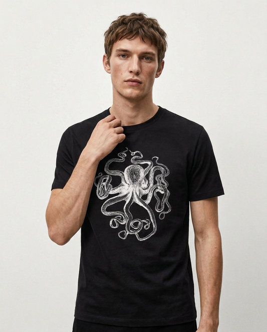 TENTACLES: BLACK ROUND NECK T-SHIRT
