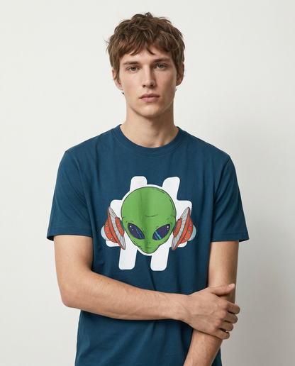 SPACED OUT: ROUND NECK NAVY BLUE T-SHIRT