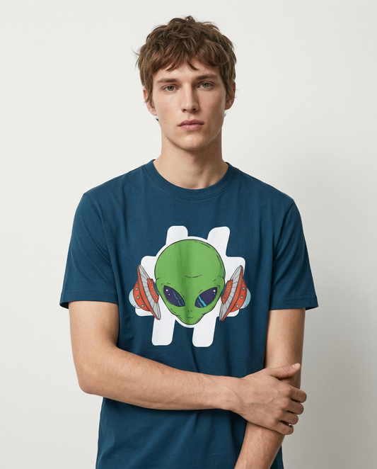 SPACED OUT: ROUND NECK NAVY BLUE T-SHIRT