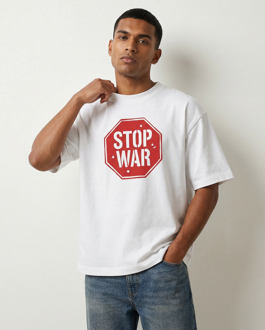 STOPWAR: White Oversized T-Shirt for Men
