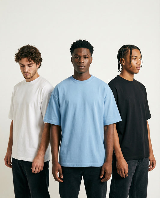 PACK OF 3 SOLID OVERSIZED T-SHIRTS: WHITE, BABY BLUE, BLACK