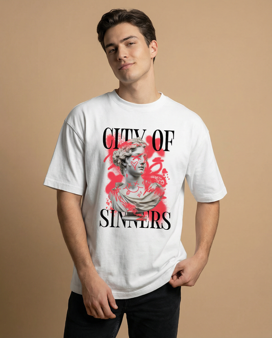 CITY OF SINNERS: WHITE OVERSIZED T-SHIRT FOR MEN