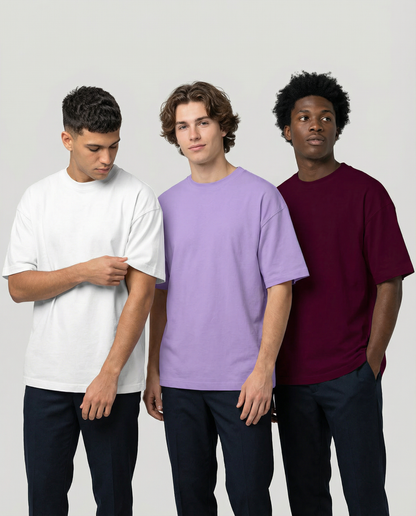 PACK OF 3 SOLID OVERSIZED T-SHIRTS: WHITE, LAVENDER, BURGUNDY