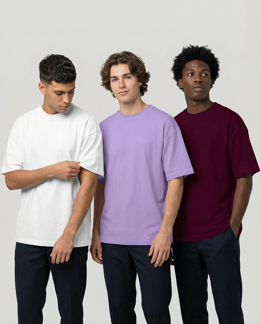 PACK OF 3 SOLID OVERSIZED T-SHIRTS: WHITE, LAVENDER, BURGUNDY