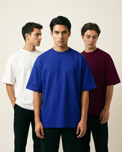 PACK OF 3 SOLID OVERSIZED T-SHIRTS: WHITE, ROYAL BLUE, BURGUNDY