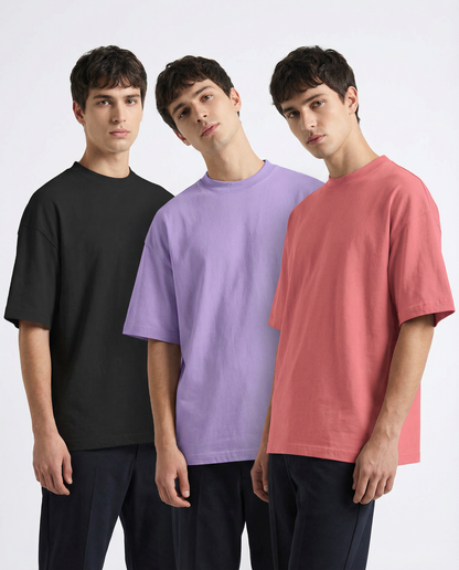 PACK OF 3 SOLID OVERSIZED T-SHIRTS: BLACK, LAVENDER, DUSTY ROSE