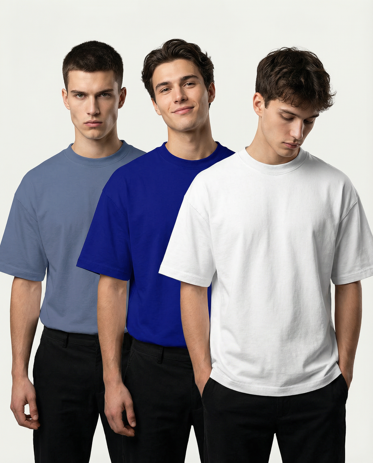 PACK OF 3 SOLID OVERSIZED T-SHIRTS: STEEL GREY, ROYAL BLUE, WHITE