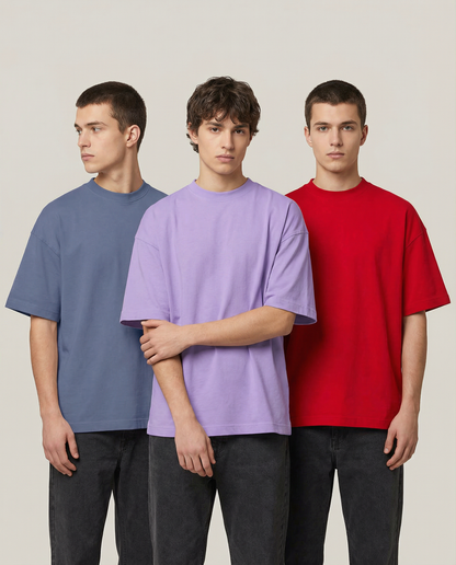 PACK OF 3 SOLID OVERSIZED T-SHIRTS: STEEL GREY, LAVENDER, RED