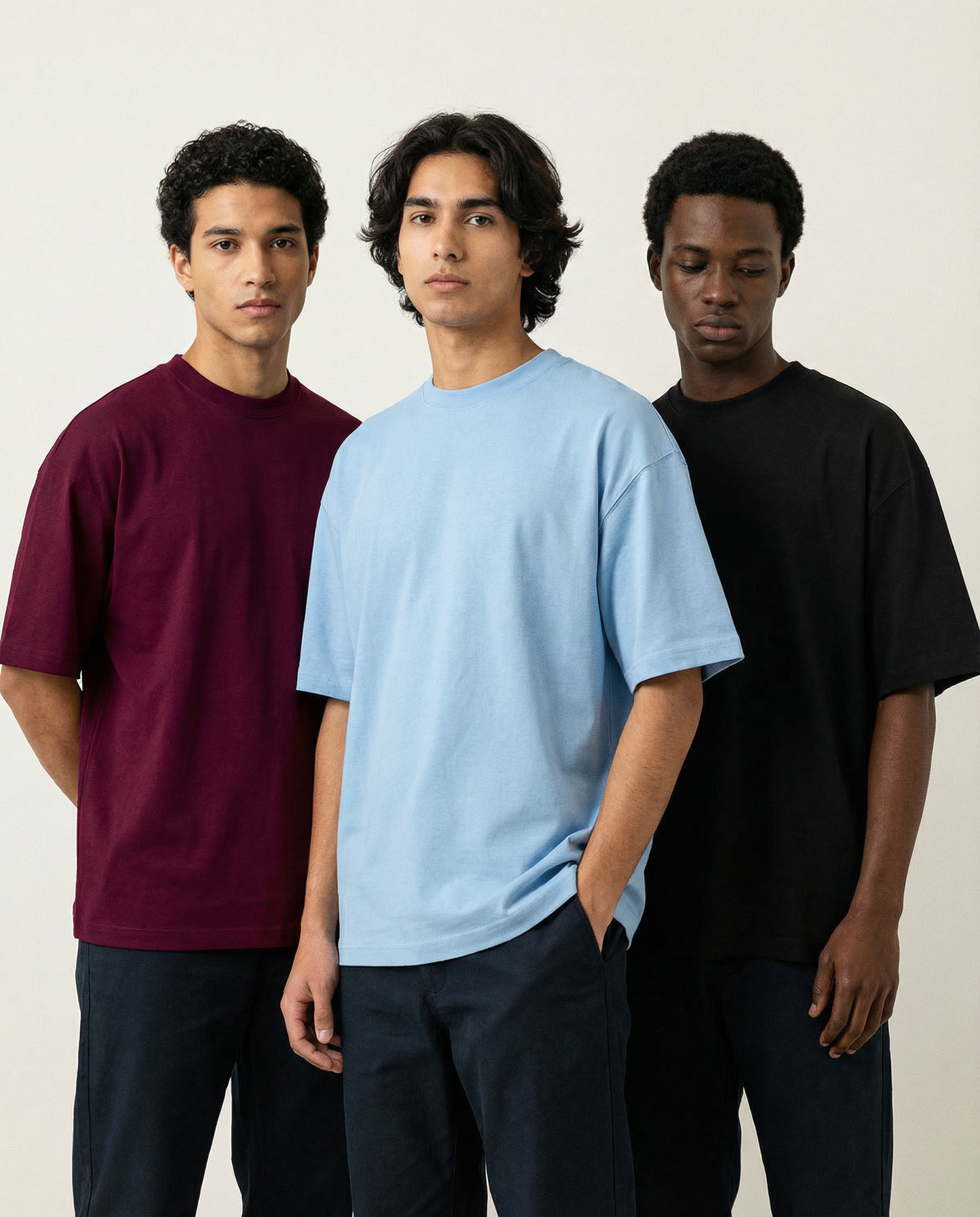 PACK OF 3 SOLID OVERSIZED T-SHIRTS: BURGUNDY, BABY BLUE, BLACK