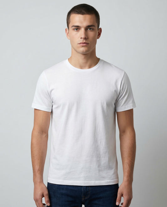PLAIN SOLID: White Round Neck T-shirt for Men