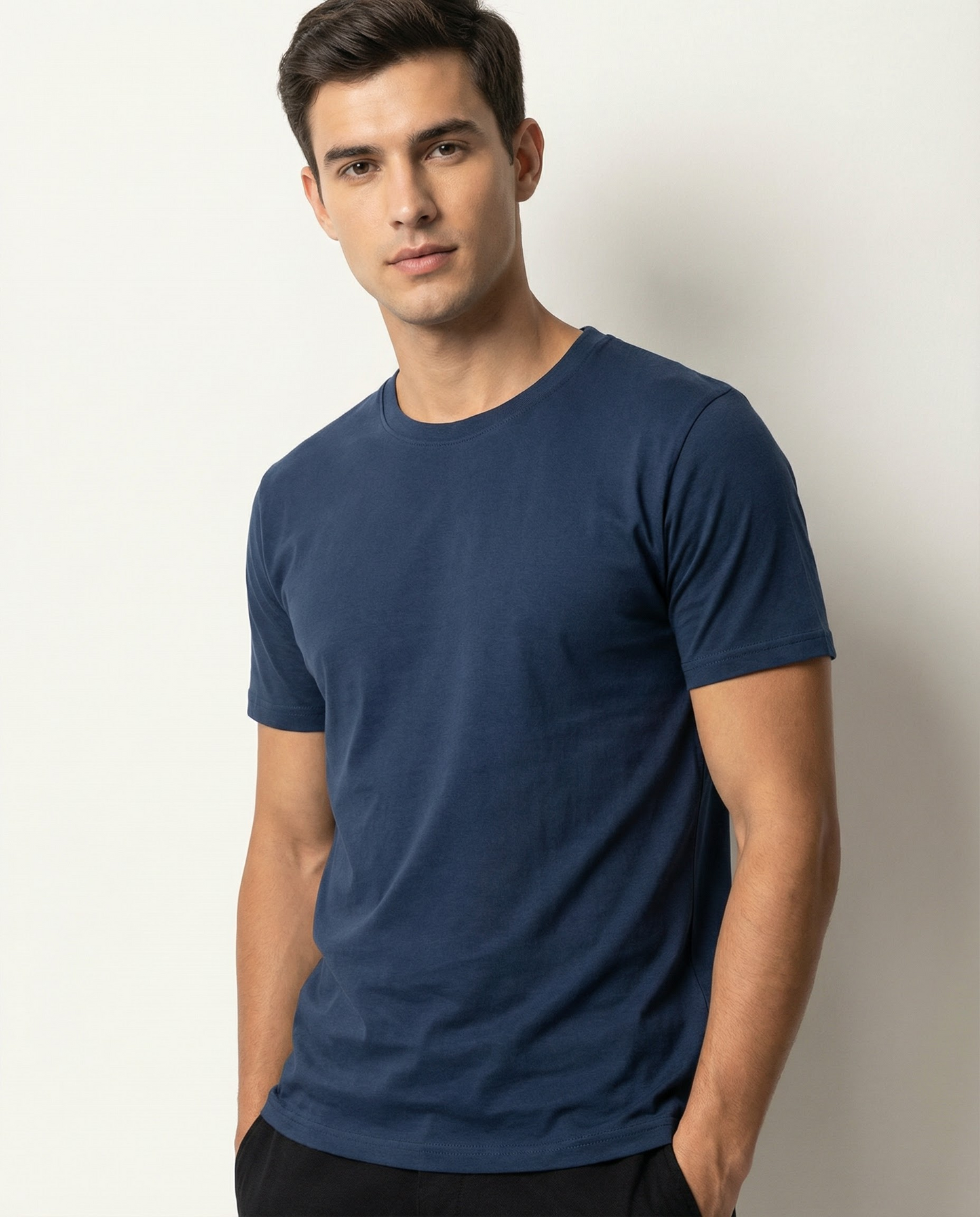 PLAIN SOLID: Navy Blue Round Neck T-shirt for Men
