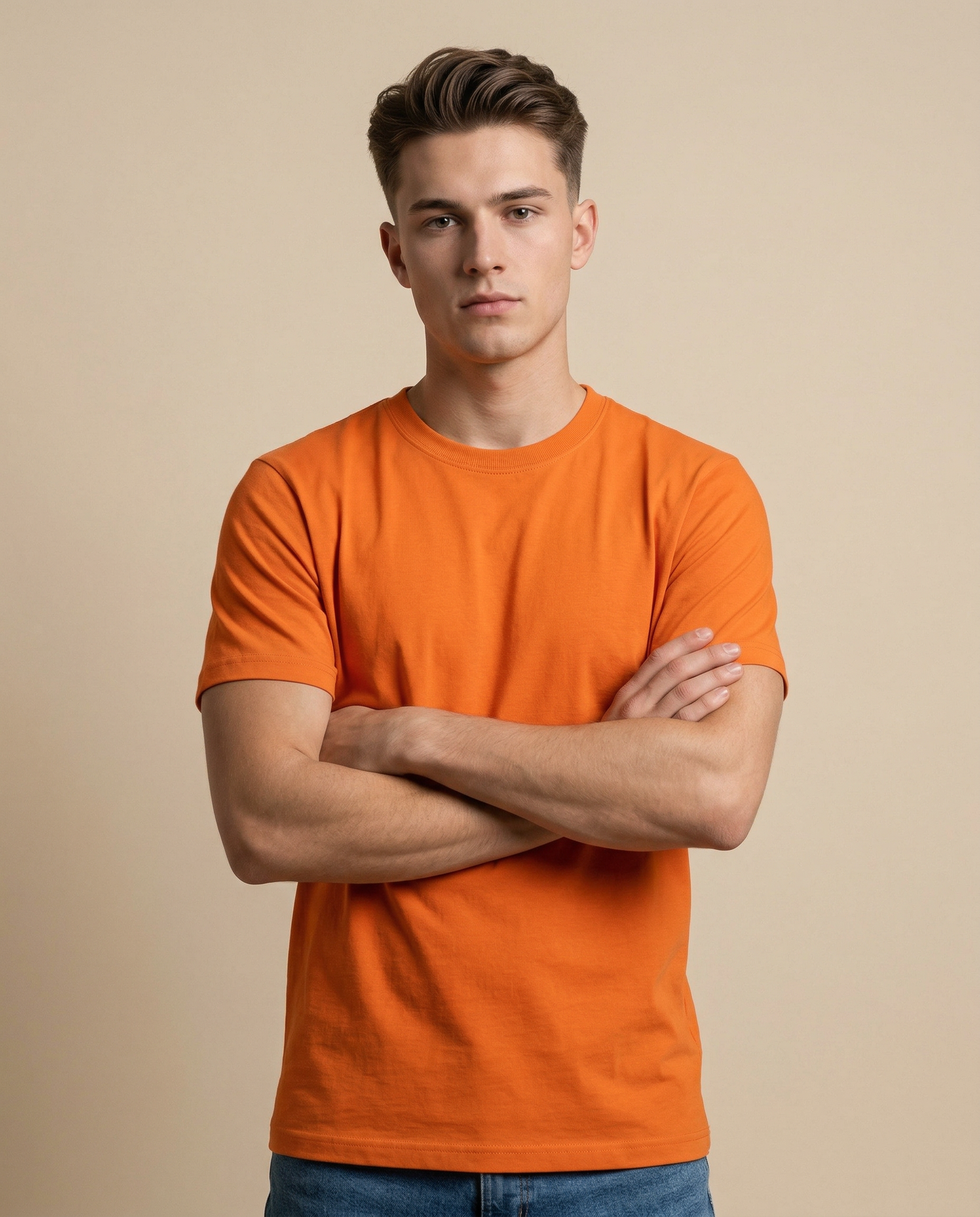 PLAIN SOLID: Orange Round Neck T-shirt for Men