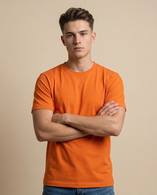 PLAIN SOLID: Orange Round Neck T-shirt for Men