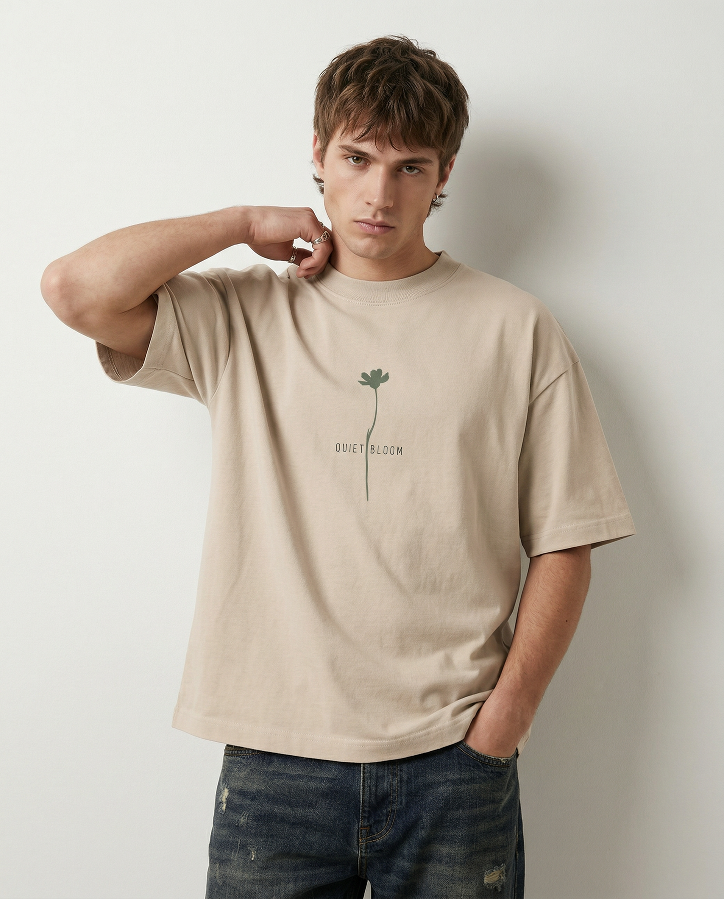 BLOOM QUIET: Beige Premium Oversized T-Shirt for Men