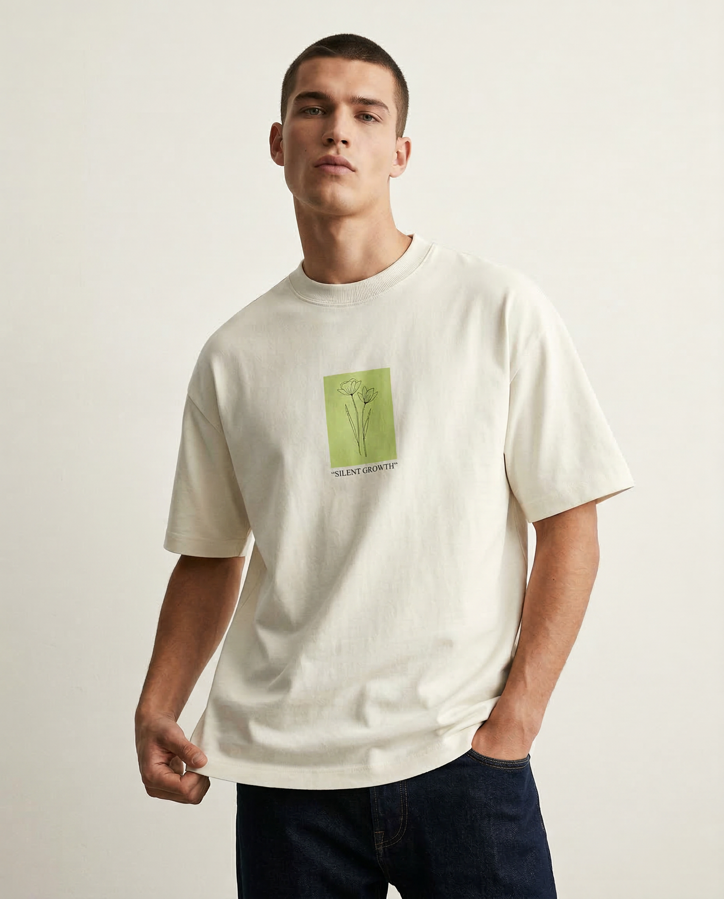 SILENT: Ivory White Premium Oversized T-Shirt for Men