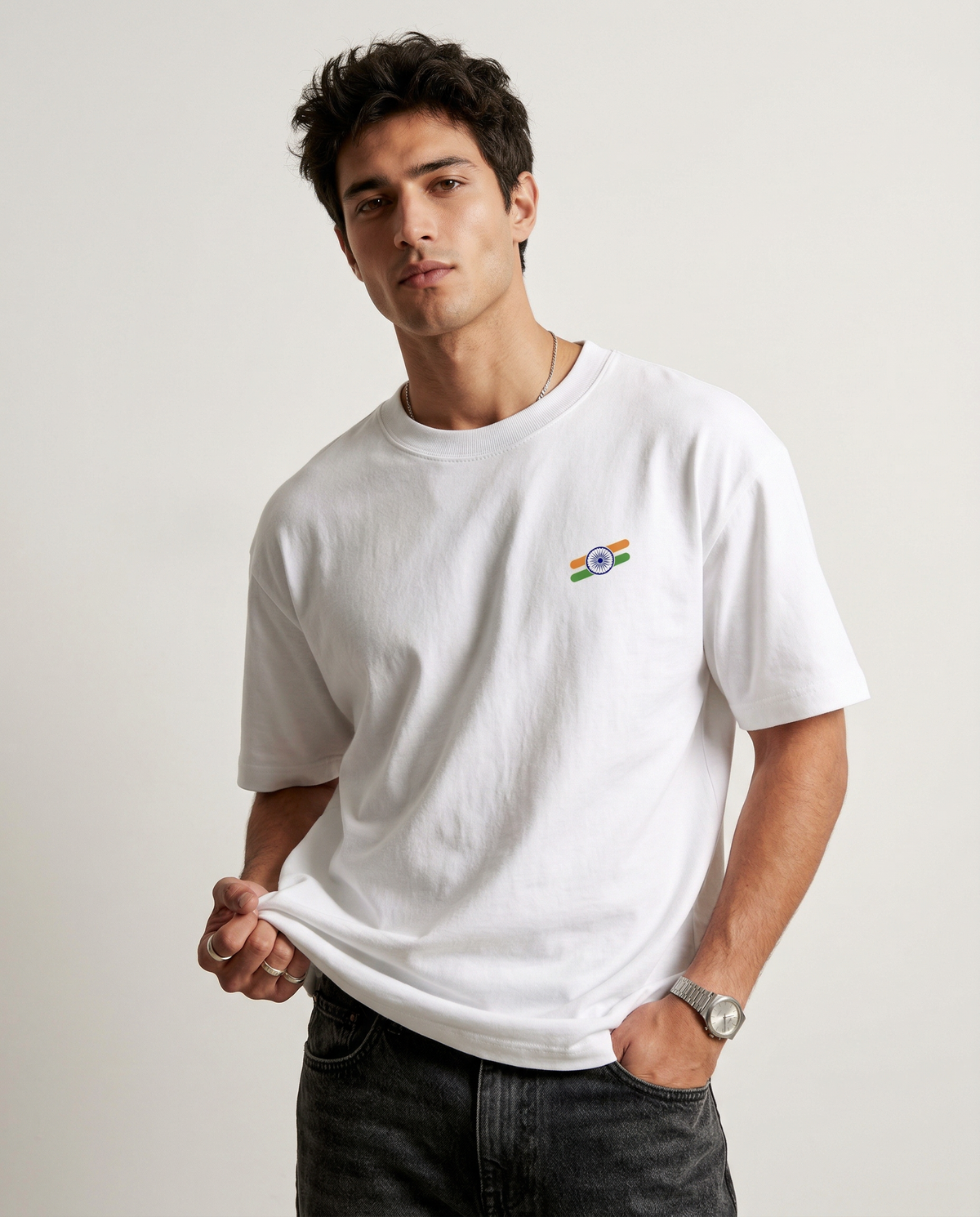 PROUD INDIAN: White Oversized T-Shirt for Men