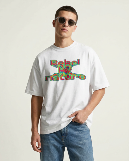 REBEL BY NATURE: WHITE OVERSIZED T-SHIRT FOR MEN