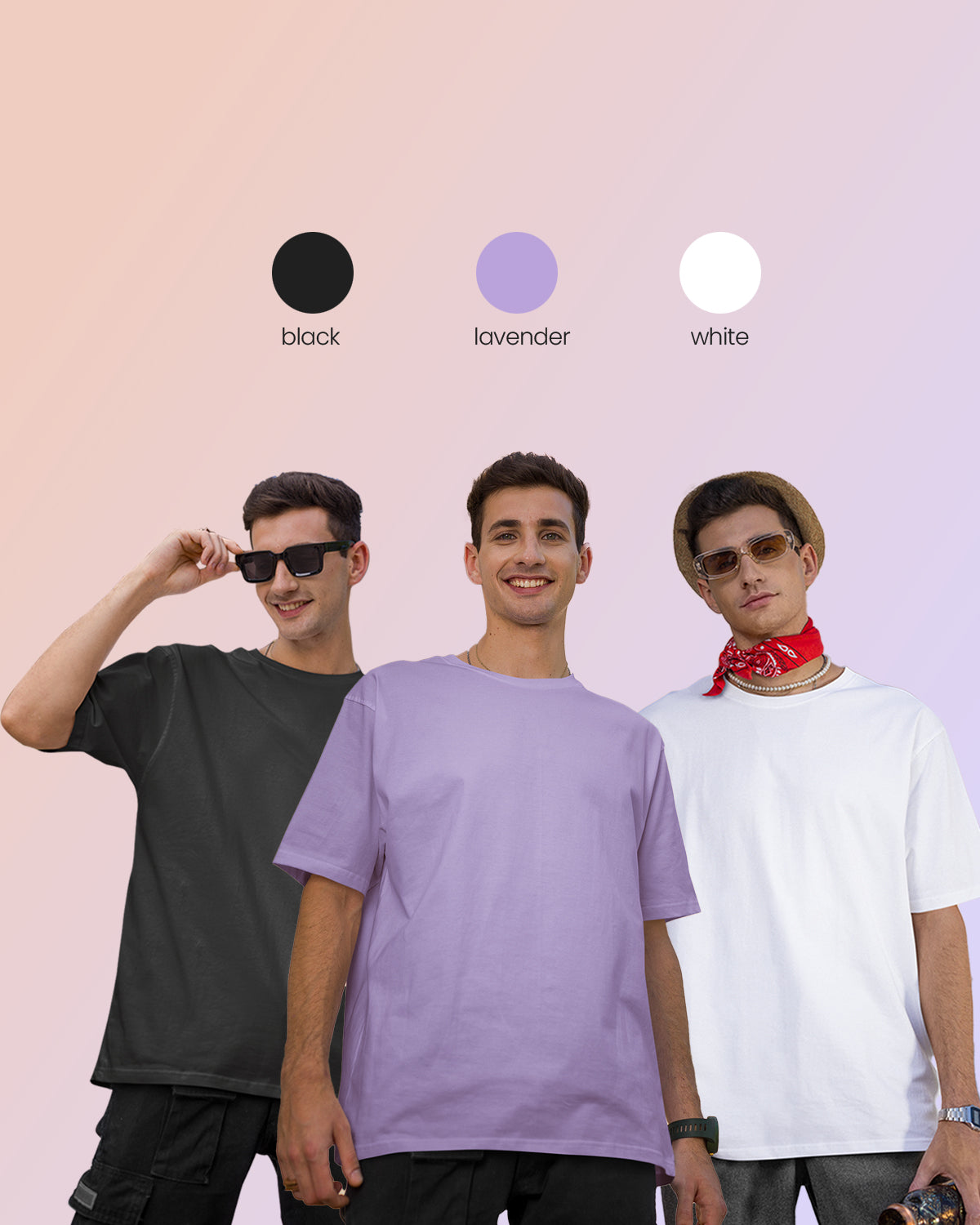 Pack of 3 Solid Oversized T-Shirts: White, Black, Iris Lavender