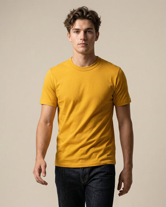 PLAIN SOLID: Golden Yellow Round Neck T-Shirt for Men
