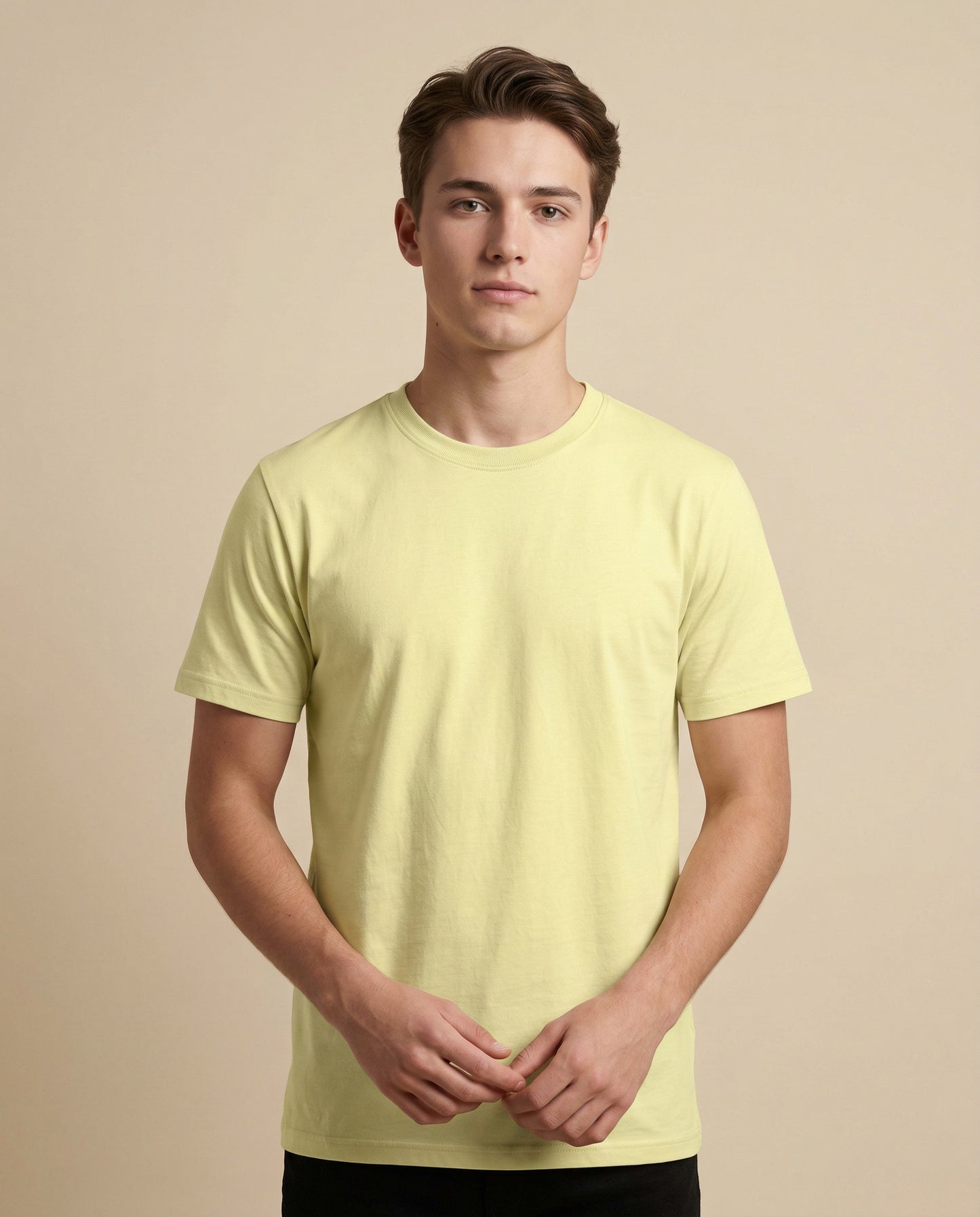 PLAIN SOLID: Butter Yellow Round Neck T-shirt for Men