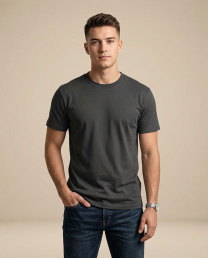 PLAIN SOLID: Black Round Neck T-Shirt for Men