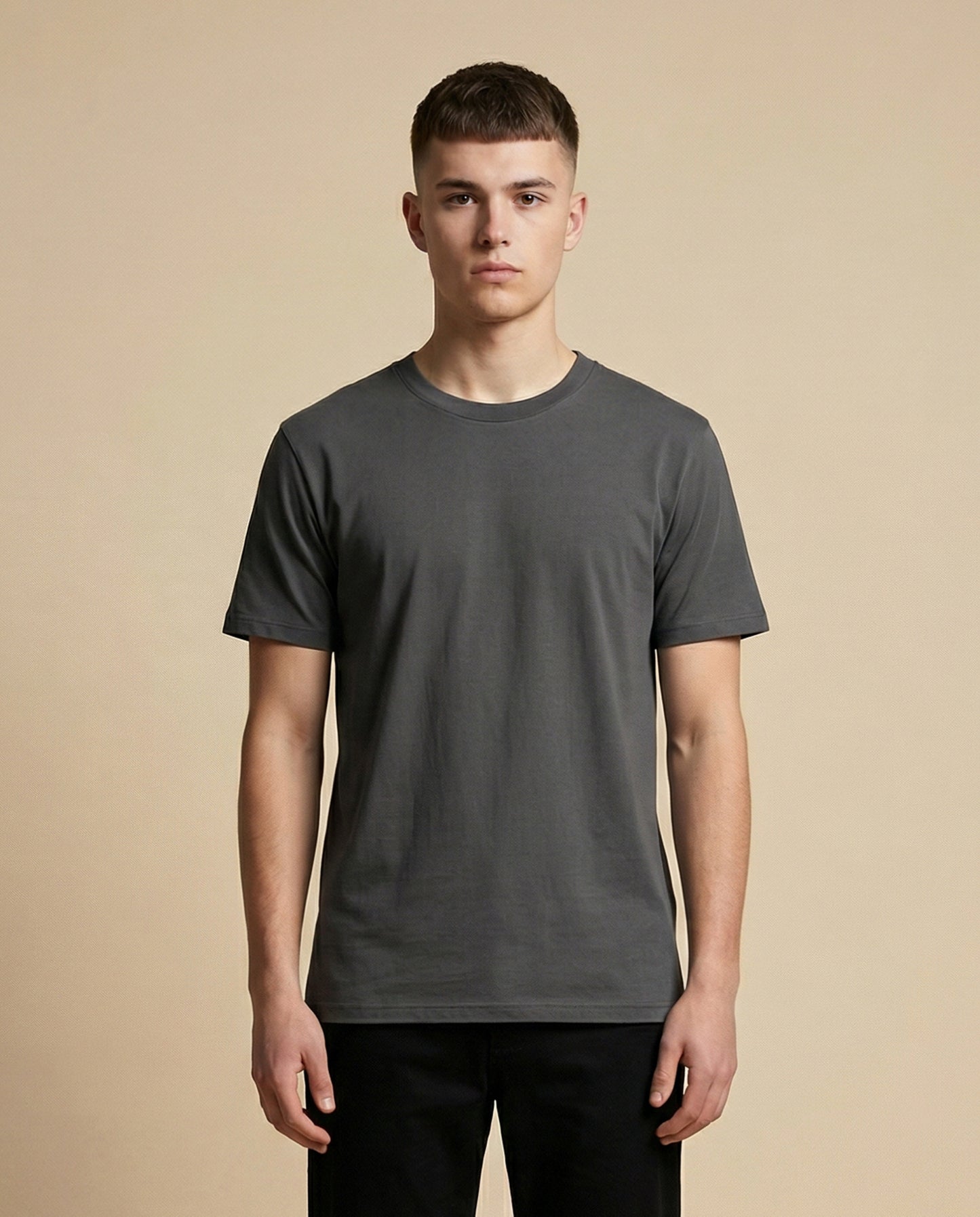 PLAIN SOLID: Charcoal Grey Round Neck T-shirt for Men