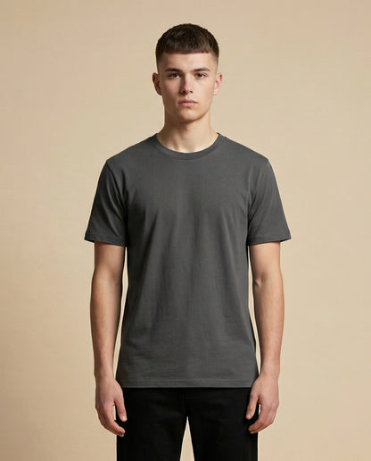 PLAIN SOLID: Charcoal Grey Round Neck T-shirt for Men