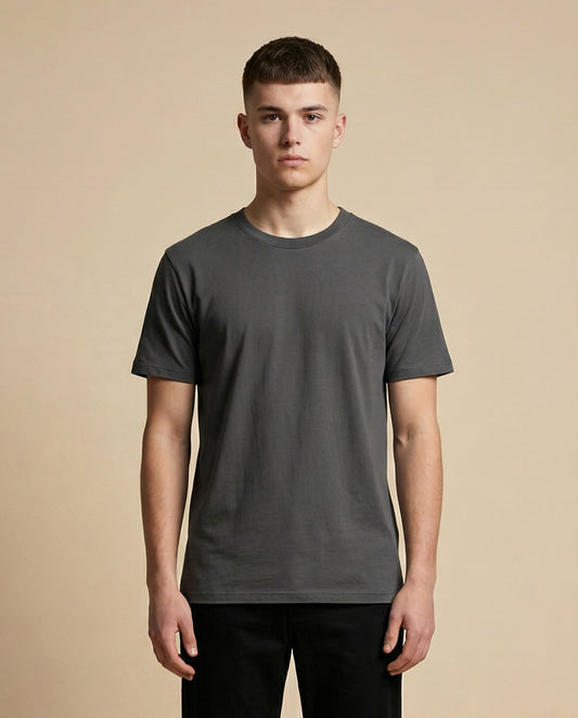 PLAIN SOLID: Charcoal Grey Round Neck T-shirt for Men