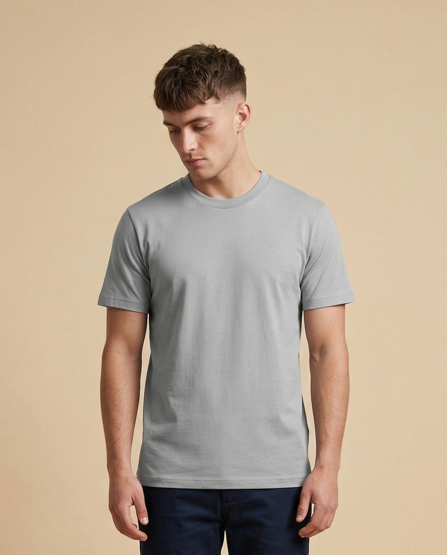 PLAIN SOLID : Silver Frost Round Neck T-shirt for Men