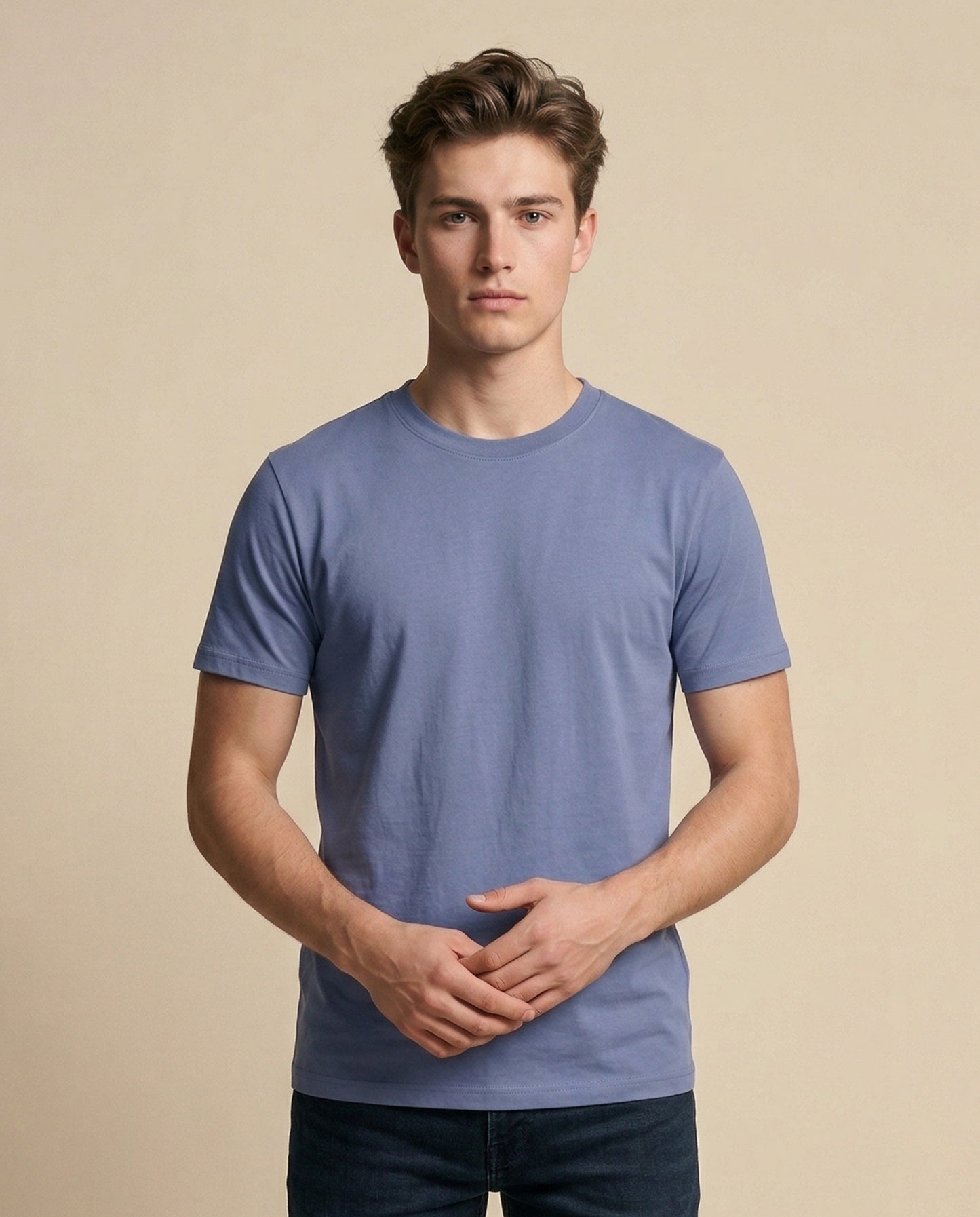 PLAIN SOLID : Blue Smoke Round Neck T-shirt for Men