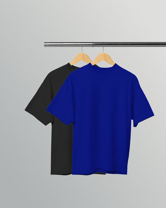 Pack of 2 Solid Oversized T-Shirts: Black, Royal Blue