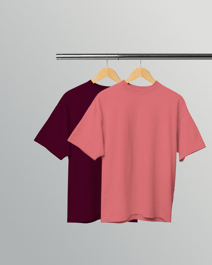PACK OF 2 SOLID OVERSIZED T-SHIRTS: BURGUNDY, DUSTY ROSE