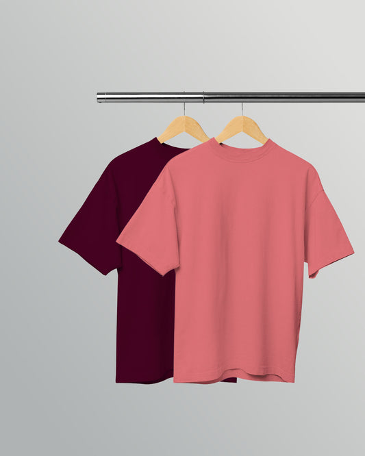 Pack of 2 Solid Oversized T-Shirts: Burgundy, Dusty Rose