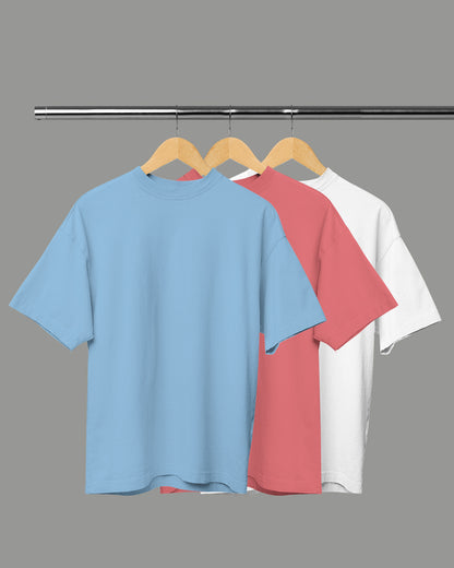 Pack of 3 Solid Oversized T-Shirts: Baby Blue, Dusty Rose, White