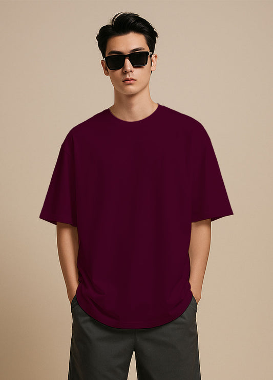 SOLID PLAIN: BURGUNDY OVERSIZED T-SHIRT  FOR MEN
