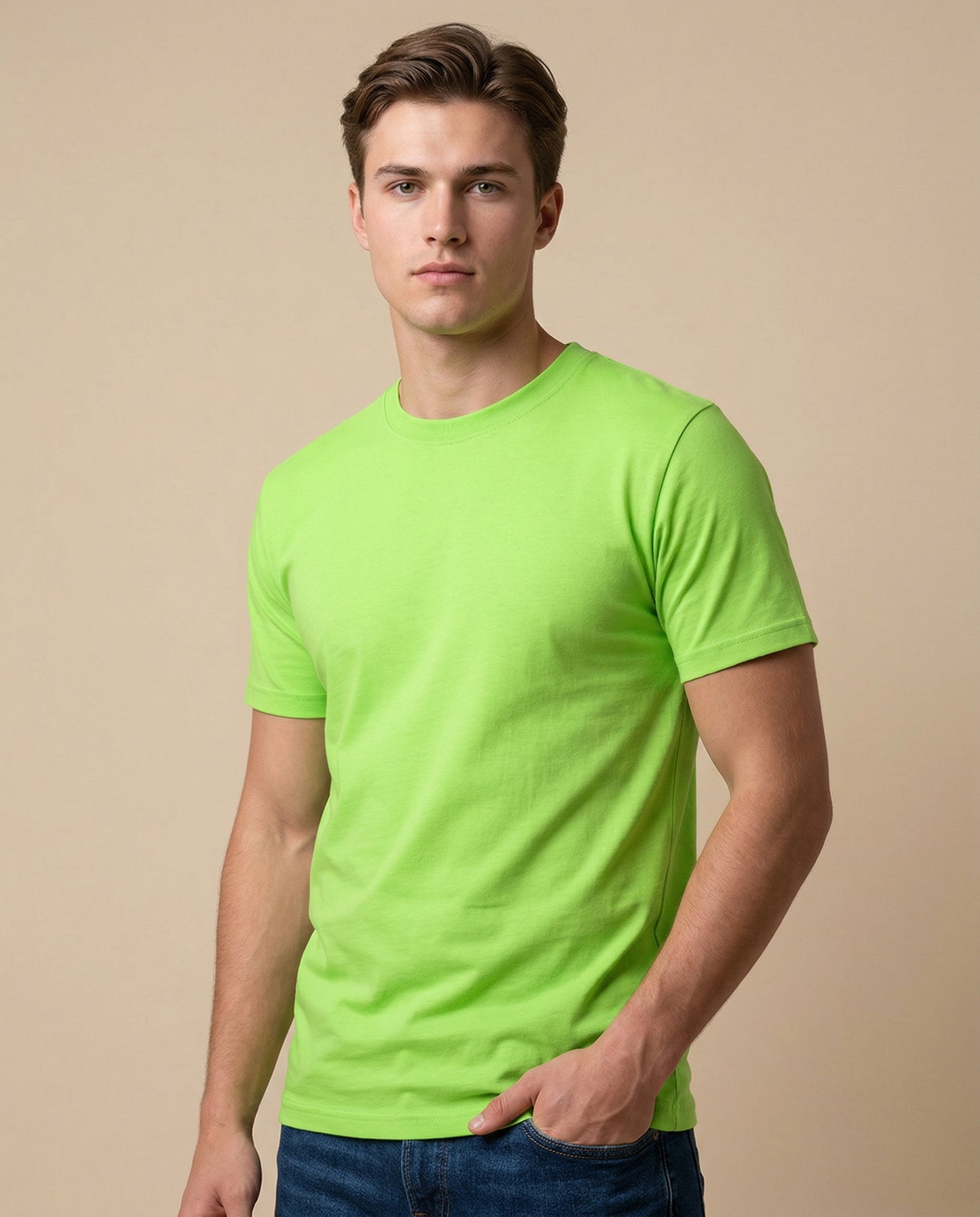 PLAIN SOLID: Liril Green Round Neck T-shirt for Men